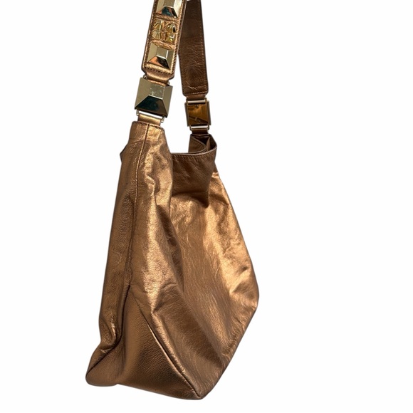 Betsey Johnson Metallic Bronze Hobo Bag Chunky Gold Stud Handle Faux Leather - Picture 4 of 7